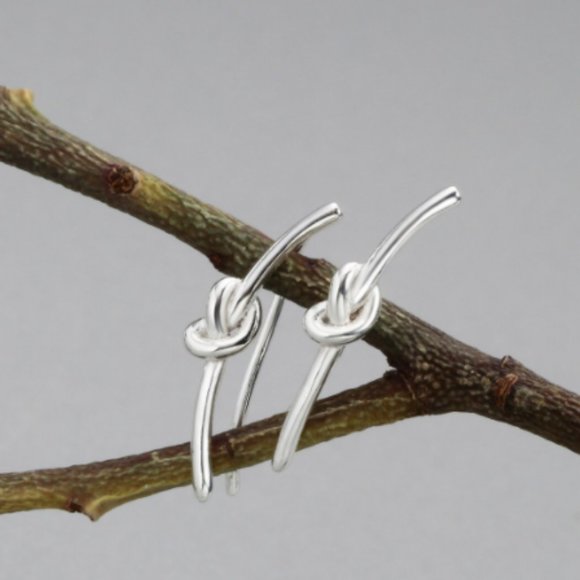 Minimalist Silver Wire Heart Knot Crawler Earrings - Picture 3 of 4